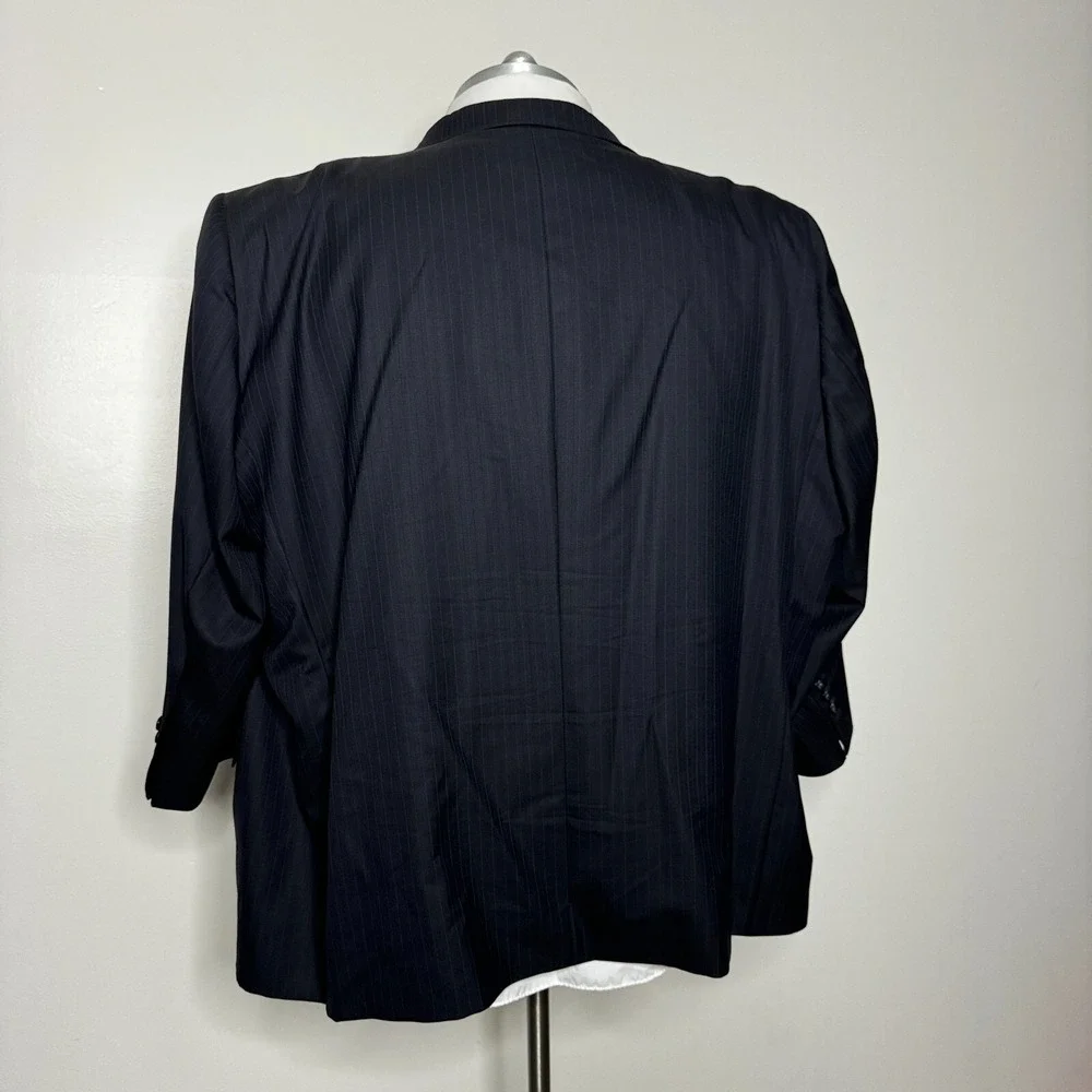 Royal Classic Suit Mens 60S 58W‎ Navy Blue Pinstripe Pleated Cuffed Wool Blend